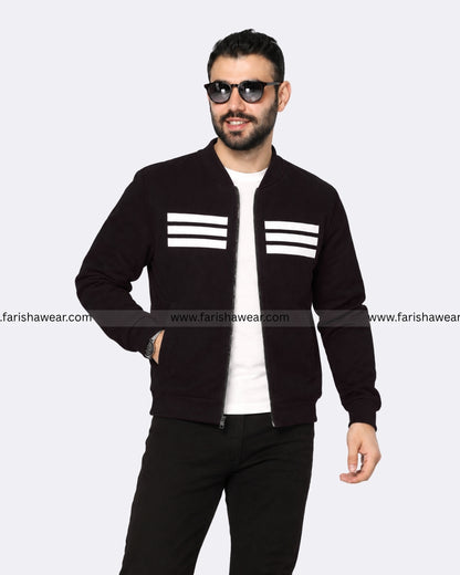 Black Three Stripe Printed Zipper Jacket