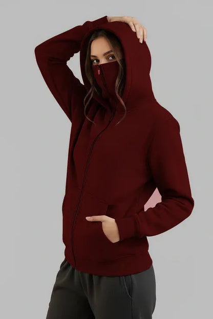 Maroon Balaclava Ninja Zipper Hoodie Jacket