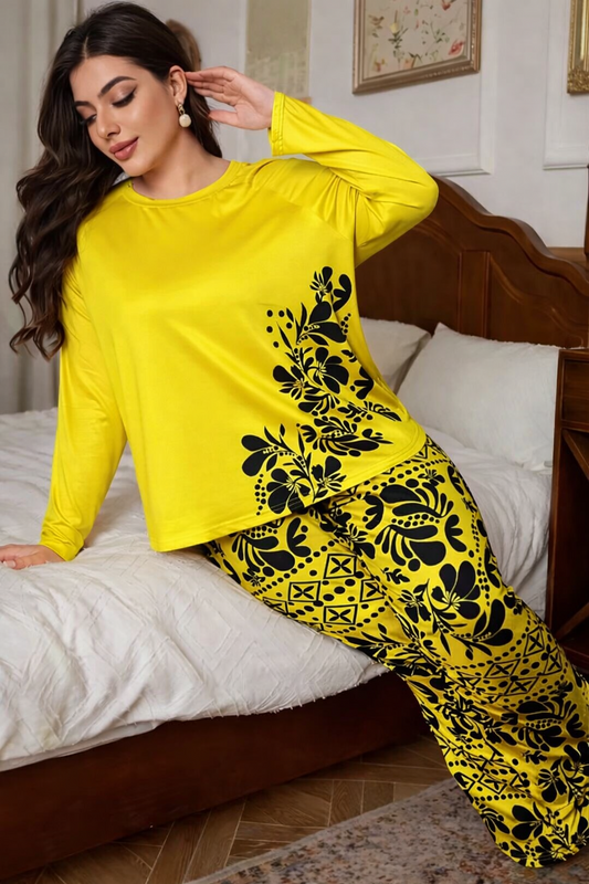 Golden Leaves Printed Night Suit