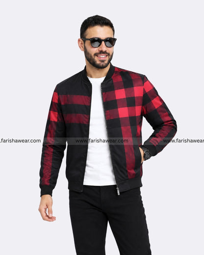 Red Checkered Printed Zipper Jacket