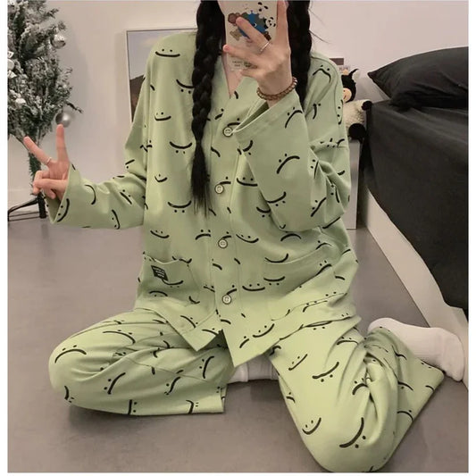 Green Autumn Smiley V-Neck Button Printed Night Suit