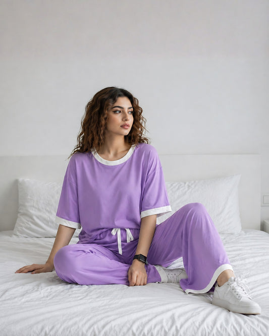 Purple White Round Neck Palazzo PJ Set