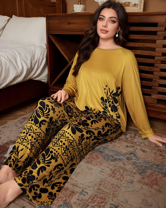 Golden Leaves Printed Night Suit