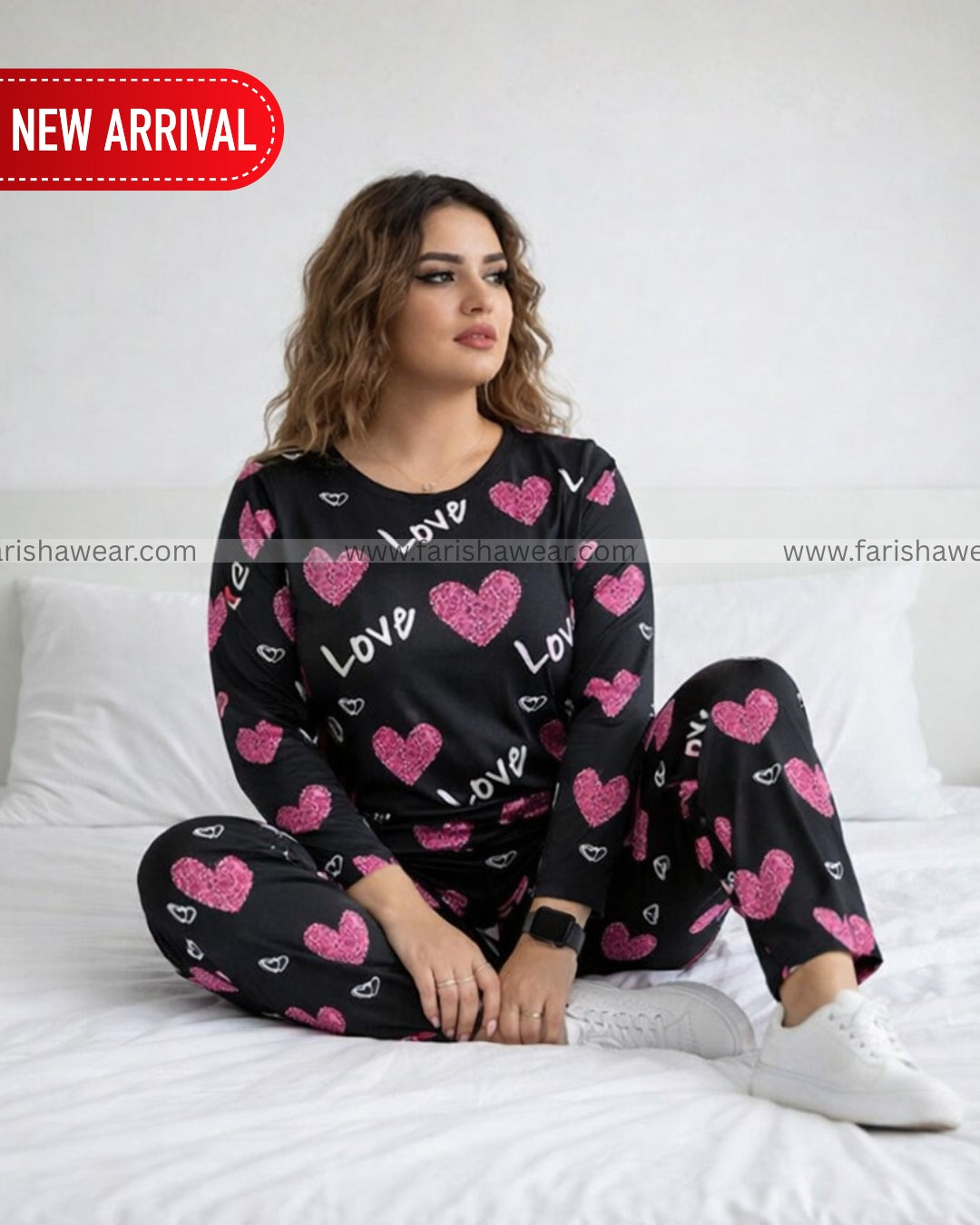 Black Love Heart Printed Night Suit