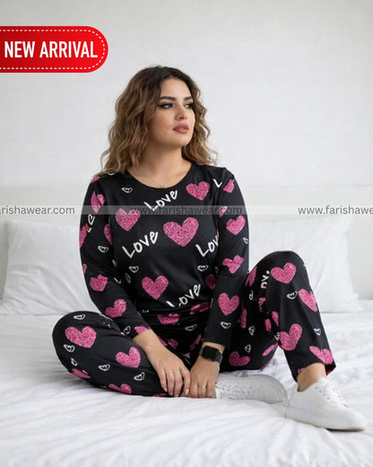 Black Love Heart Printed Night Suit