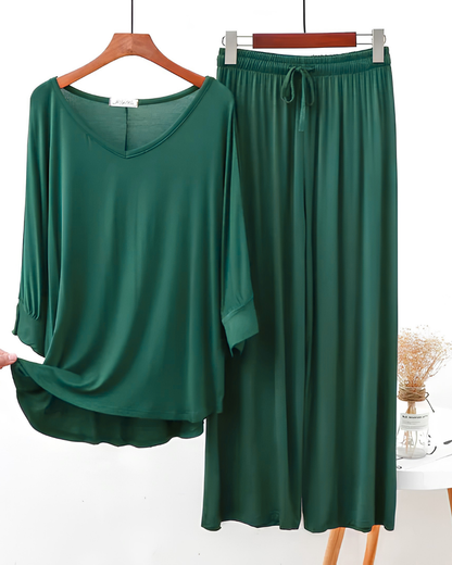 Dark Green V-Neck Palazzo PJ Set