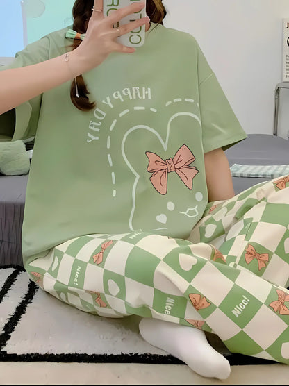 Olive Green Printed Night Suit