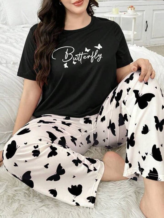 Black Small Butterfly Printed Night Suit