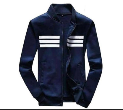 Navy Blue Three Stripe Printed Zipper Jacket