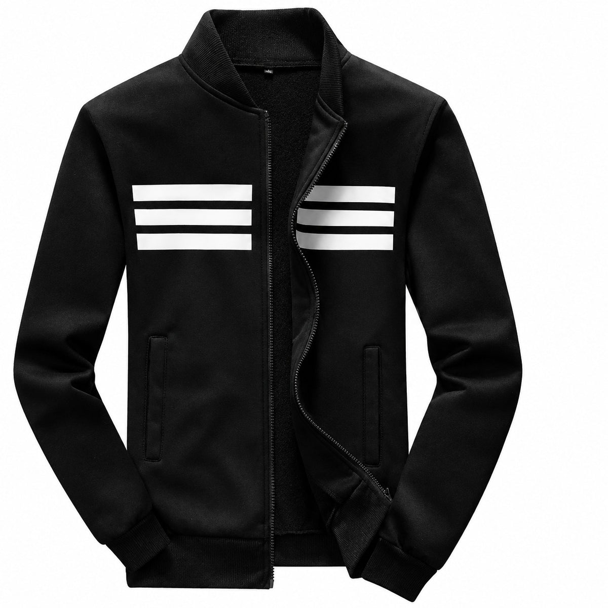 Black Three Stripe Printed Zipper Jacket
