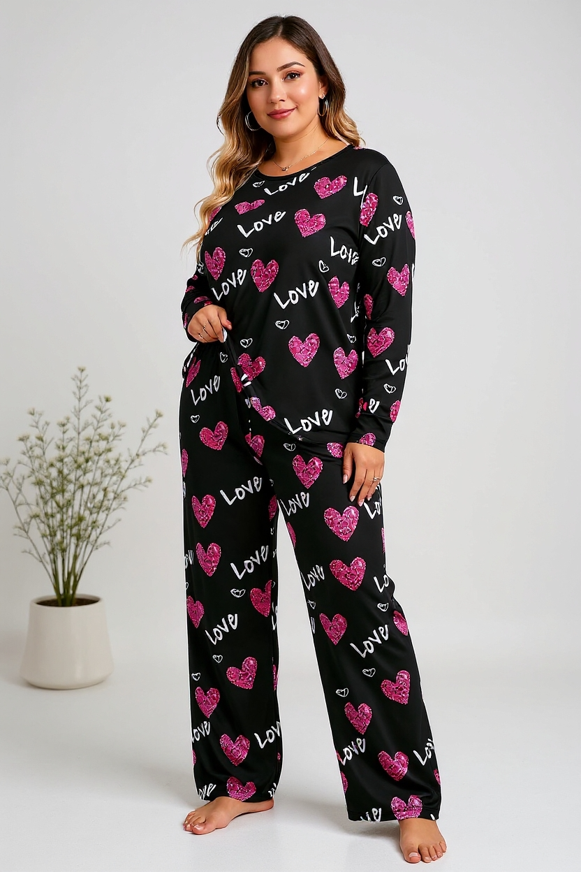 Black Love Heart Printed Night Suit