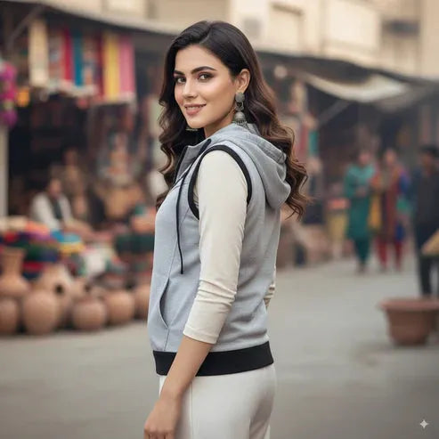 Grey Sleeveless Hooded Zipper