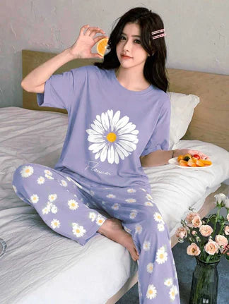 Purple Floral Printed Night Suit