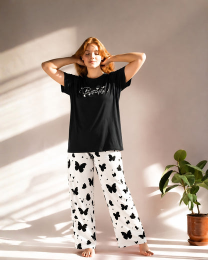 Black Small Butterfly Printed Night Suit