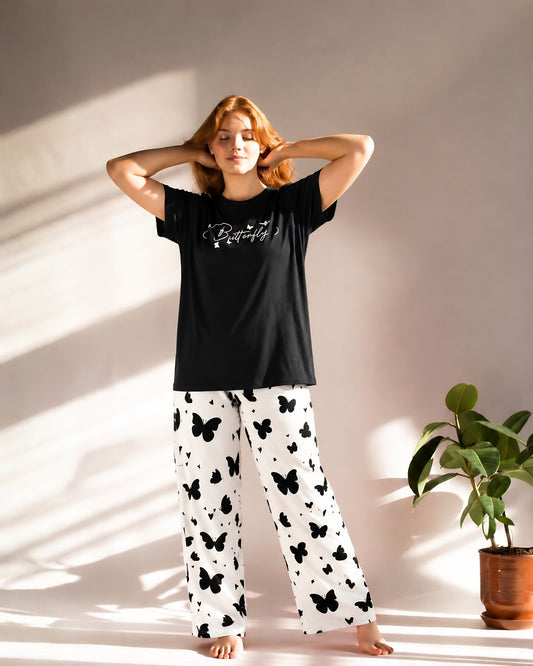 Black Small Butterfly Printed Night Suit