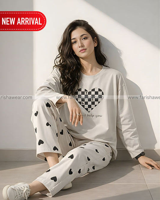 Grey Puzzle Heart Printed Night Suit