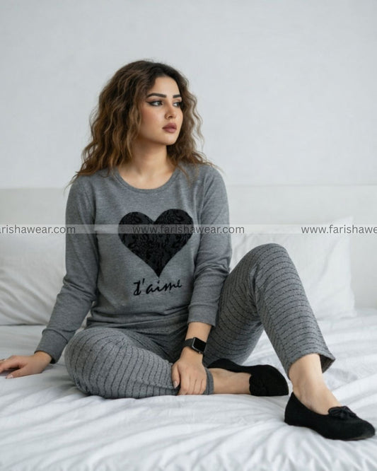 Black Heart Printed Night Suit