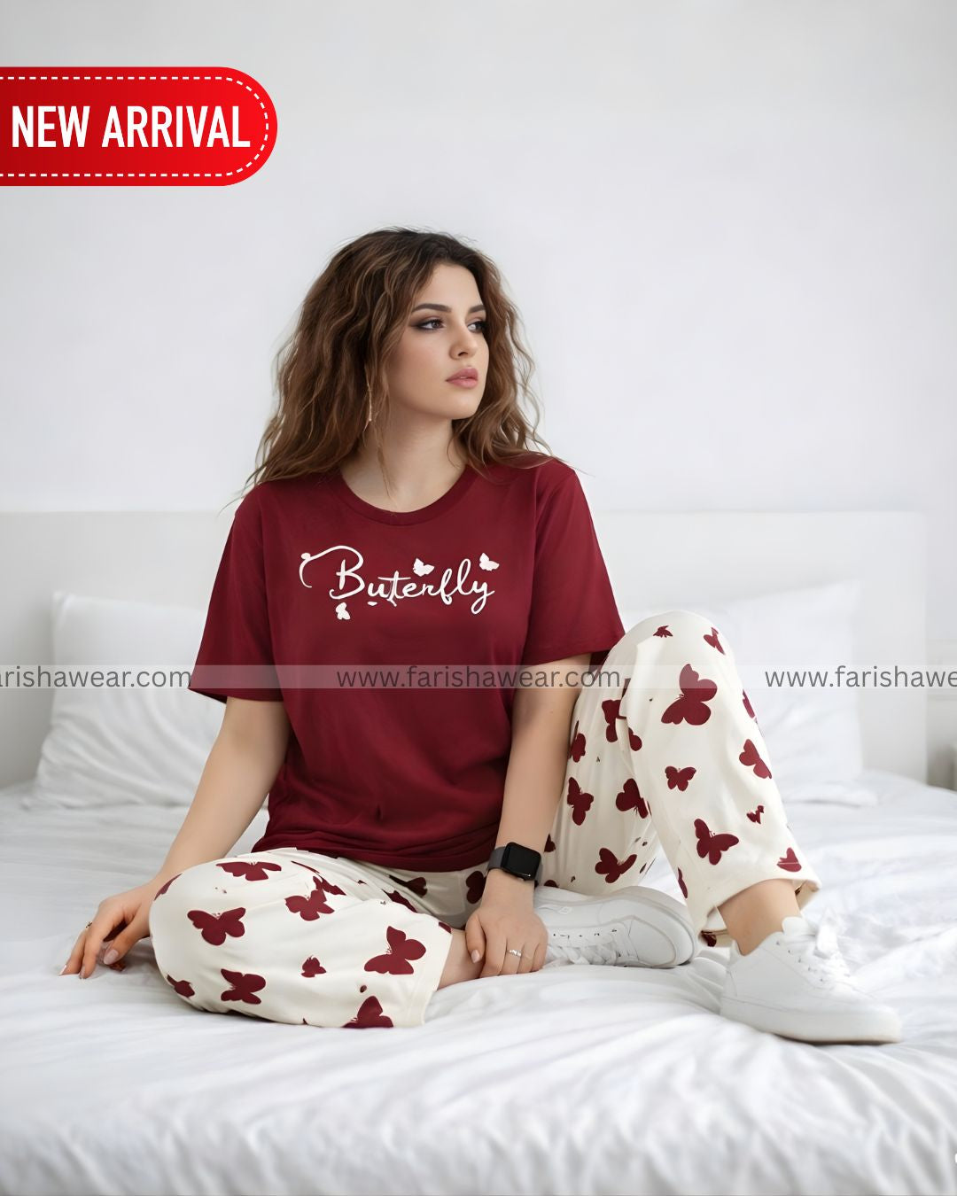 Maroon Small Butterfly Printed Night Suit