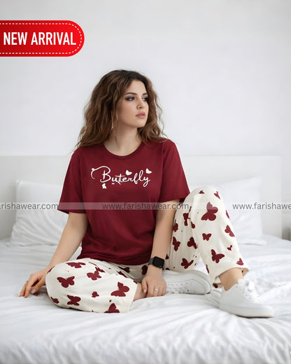 Maroon Small Butterfly Printed Night Suit