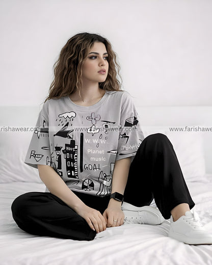 Grey Planet Music With Black Pajama Printed Night Suit