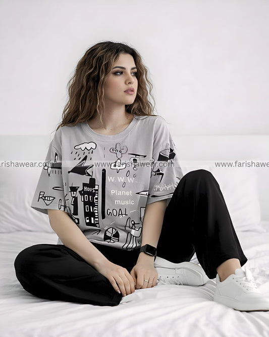 Grey Planet Music With Black Pajama Printed Night Suit