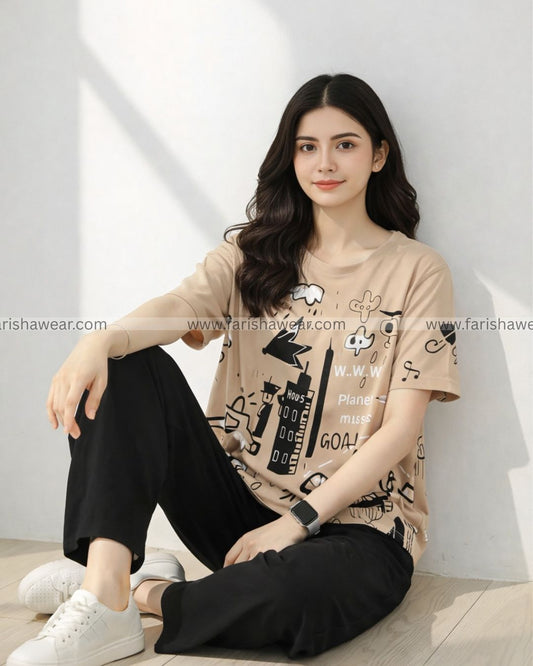 Planet Music With Black Pajama Printed Night Suit