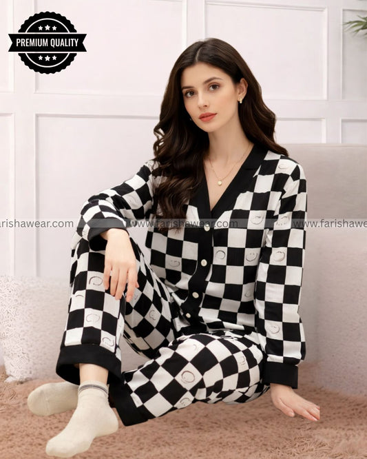 Black with White Smiley Printed V-Neck Button Printed Night Suit