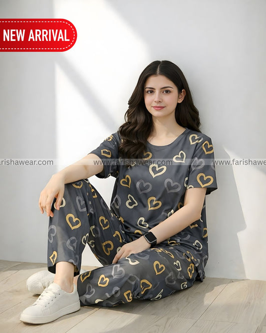 Grey Heart Printed Night Suit