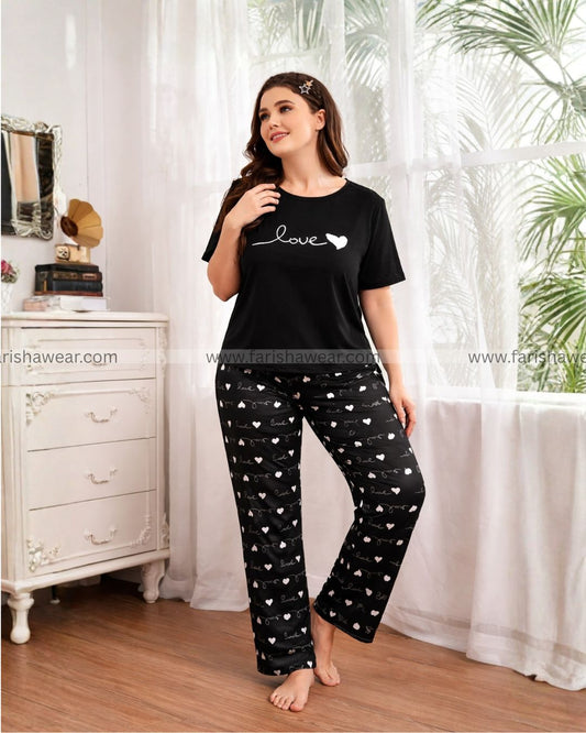 Black Small Heart Printed Night Suit