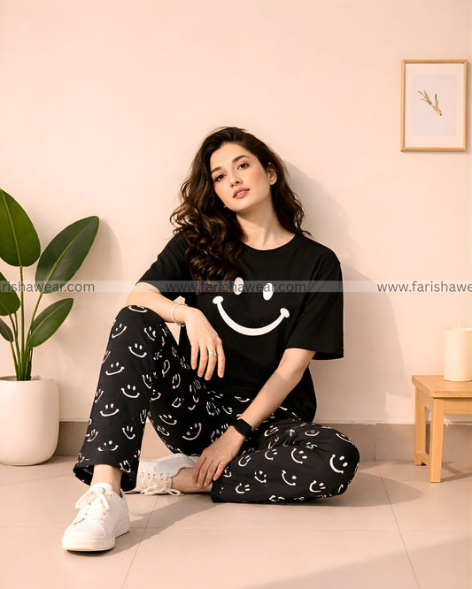 Black Smiley Printed Night Suit
